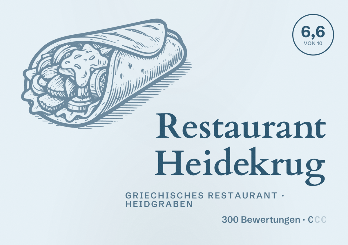 Illustriertes Poster von Restaurant Heidekrug, Griechisches Restaurant in Heidgraben: Bewertung 6,6 von 10 aus 300 Bewertungen, Preisniveau €
