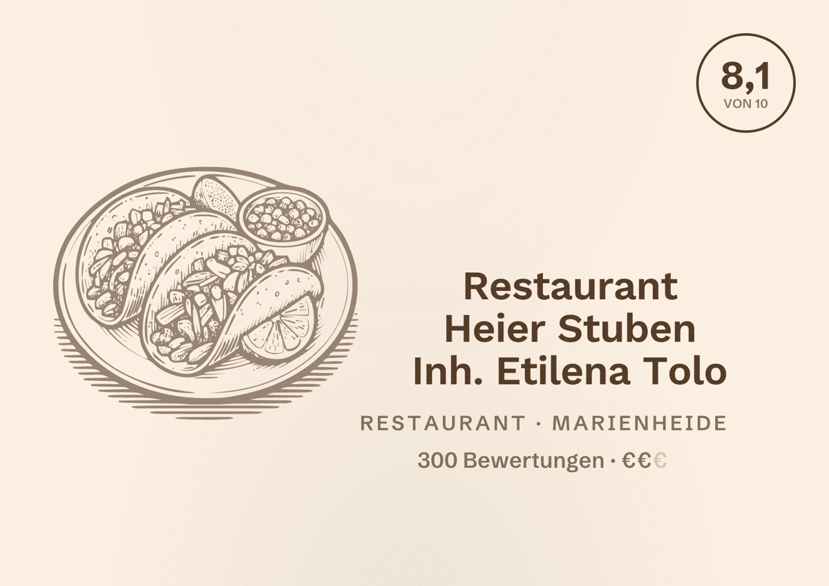 Illustriertes Poster von Restaurant Heier Stuben Inh. Etilena Tolo, Restaurant in Marienheide: Bewertung 8,1 von 10 aus 300 Bewertungen, Preisniveau €€