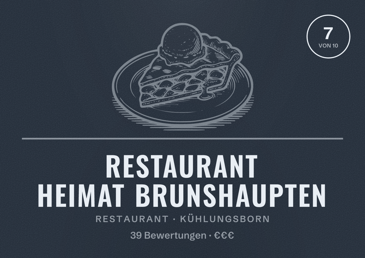 Illustriertes Poster von Restaurant Heimat Brunshaupten, Restaurant in Kühlungsborn: Bewertung 7 von 10 aus 39 Bewertungen, Preisniveau €€€