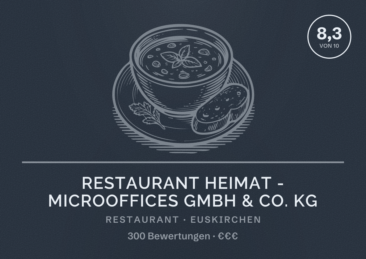 Illustriertes Poster von Restaurant Heimat - MicroOffices GmbH & Co. KG, Restaurant in Euskirchen: Bewertung 8,3 von 10 aus 300 Bewertungen, Preisniveau €€€