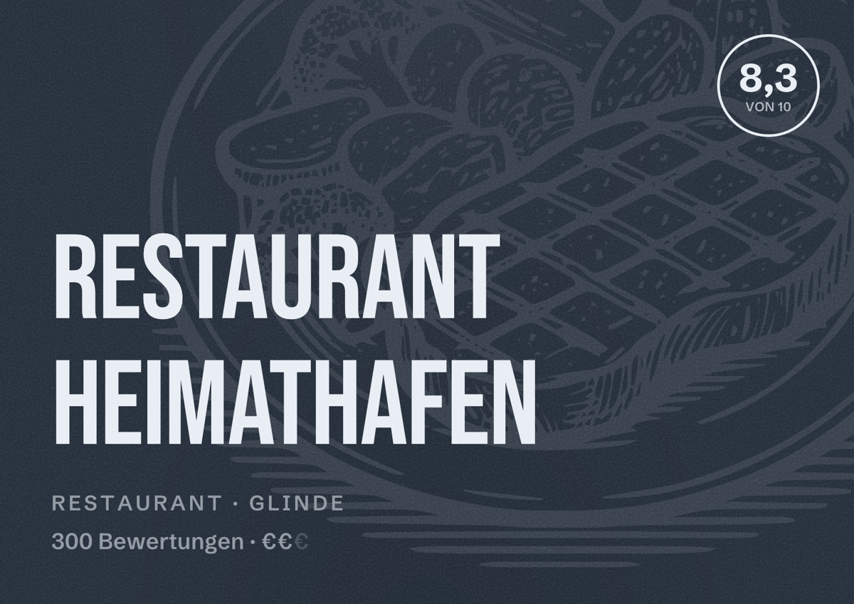 Illustriertes Poster von Restaurant Heimathafen, Restaurant in Glinde: Bewertung 8,3 von 10 aus 300 Bewertungen, Preisniveau €€