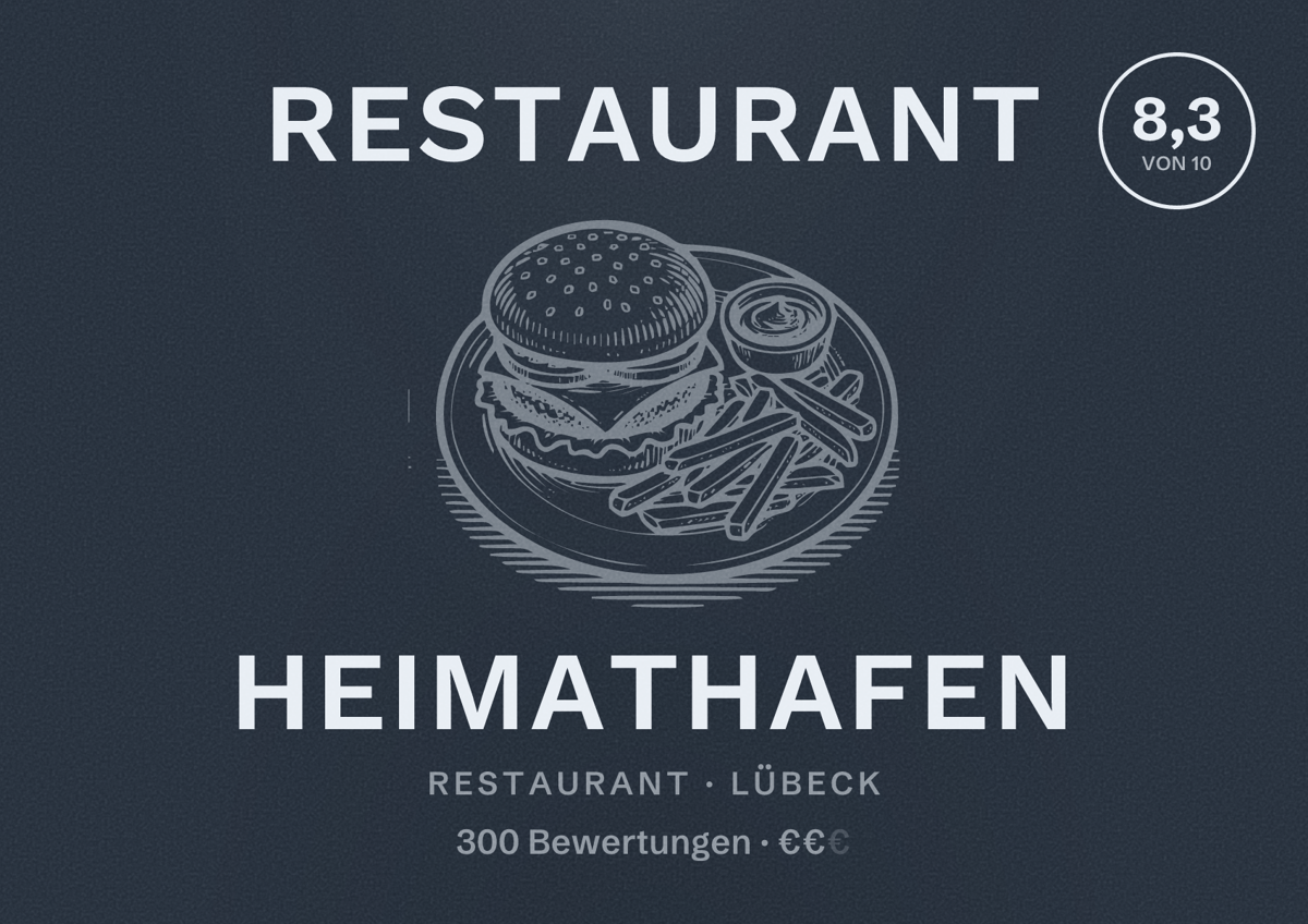 Illustriertes Poster von Restaurant Heimathafen, Restaurant in Lübeck: Bewertung 8,3 von 10 aus 300 Bewertungen, Preisniveau €€