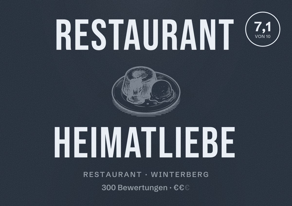 Illustriertes Poster von Restaurant Heimatliebe, Restaurant in Winterberg: Bewertung 7,1 von 10 aus 300 Bewertungen, Preisniveau €€
