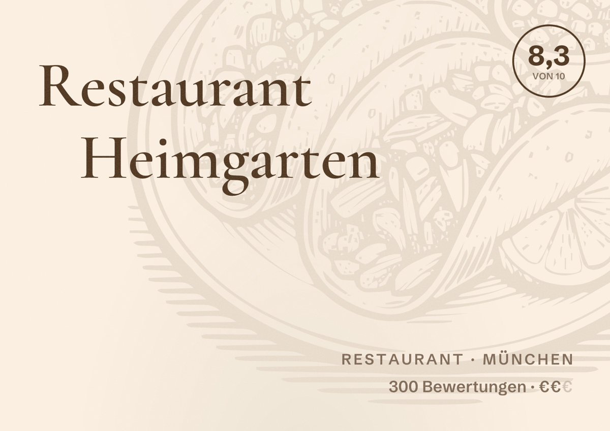 Illustriertes Poster von Restaurant Heimgarten, Restaurant in München: Bewertung 8,3 von 10 aus 300 Bewertungen, Preisniveau €€