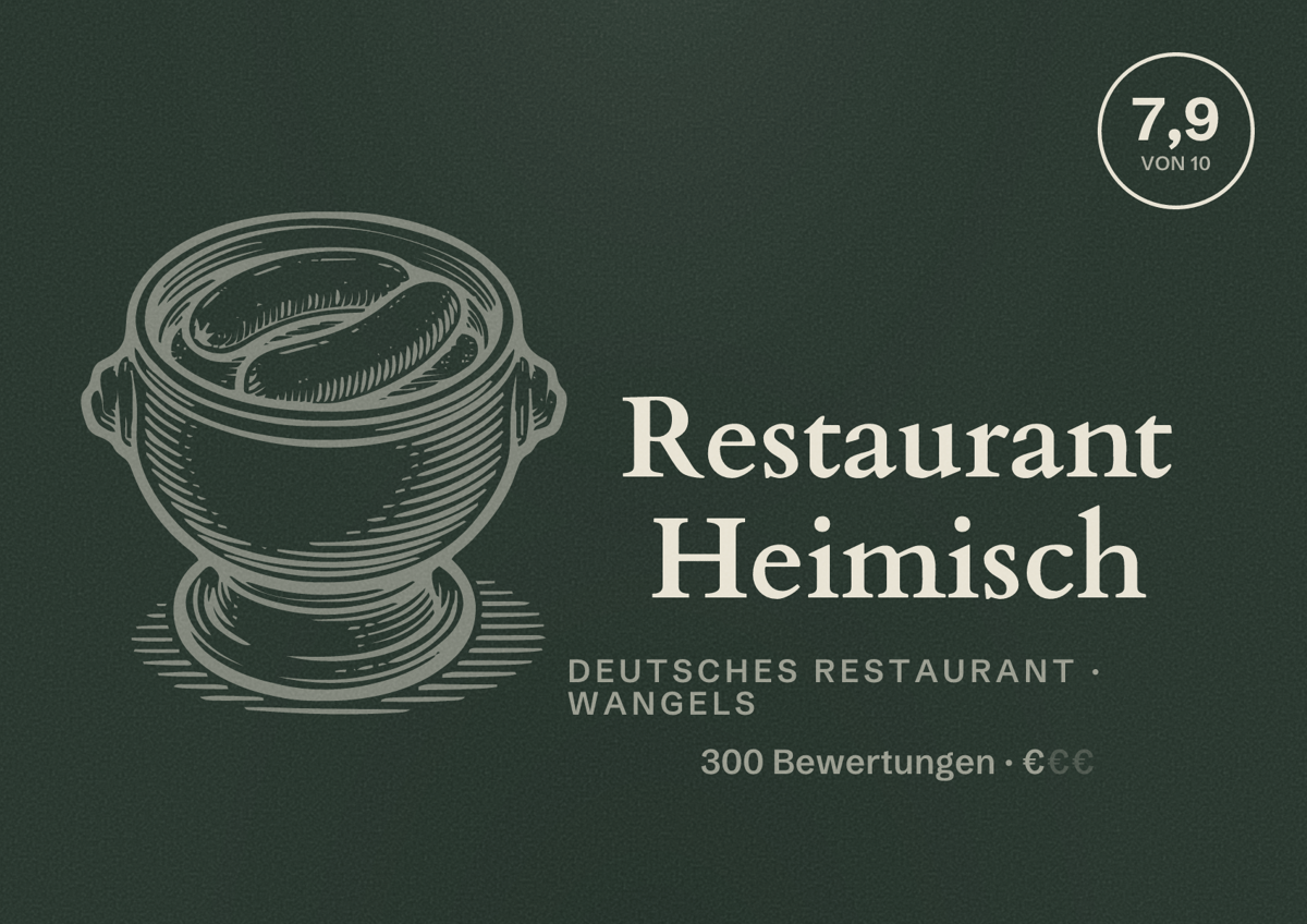 Illustriertes Poster von Restaurant Heimisch, Deutsches Restaurant in Wangels: Bewertung 7,9 von 10 aus 300 Bewertungen, Preisniveau €
