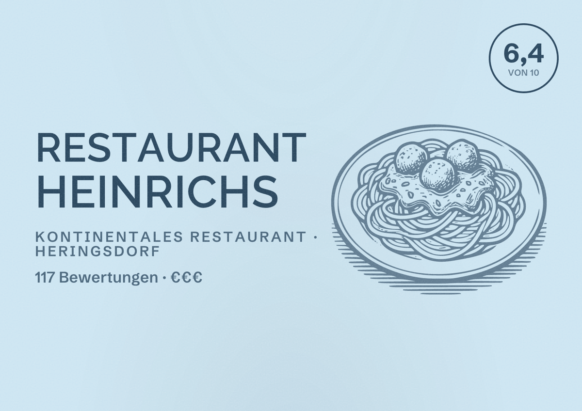 Illustriertes Poster von Restaurant Heinrichs, Kontinentales Restaurant in Heringsdorf: Bewertung 6,4 von 10 aus 117 Bewertungen, Preisniveau €€€