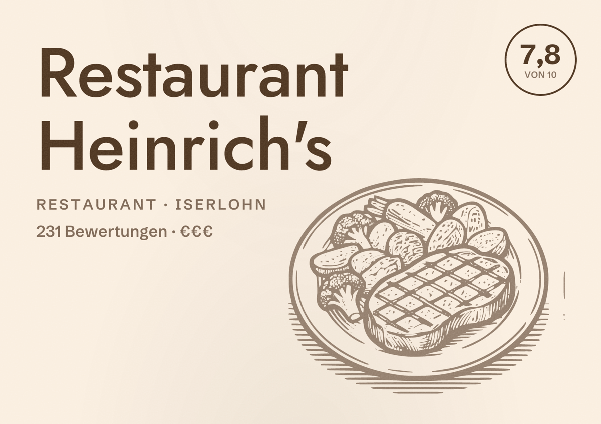 Illustriertes Poster von Restaurant Heinrich's, Restaurant in Iserlohn: Bewertung 7,8 von 10 aus 231 Bewertungen, Preisniveau €€€
