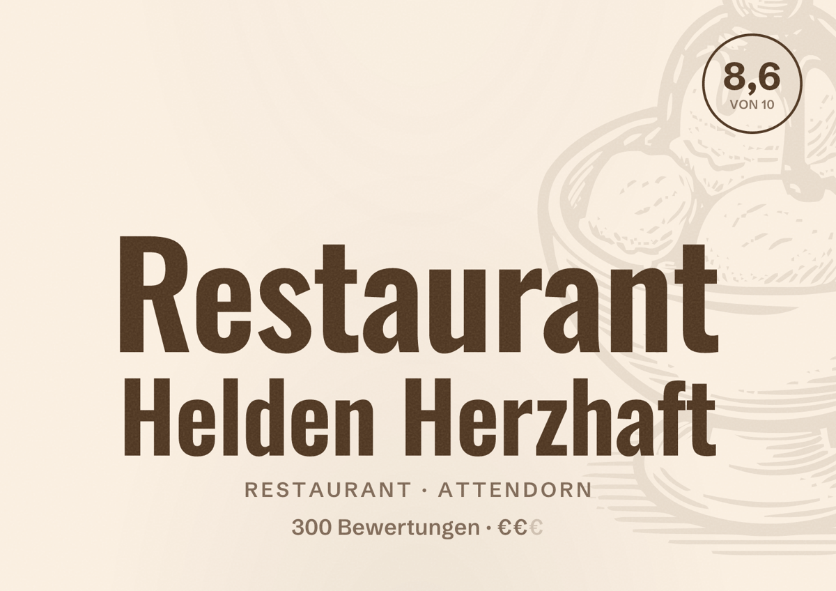 Illustriertes Poster von Restaurant Helden Herzhaft, Restaurant in Attendorn: Bewertung 8,6 von 10 aus 300 Bewertungen, Preisniveau €€