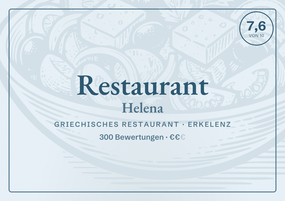 Illustriertes Poster von Restaurant Helena, Griechisches Restaurant in Erkelenz: Bewertung 7,6 von 10 aus 300 Bewertungen, Preisniveau €€