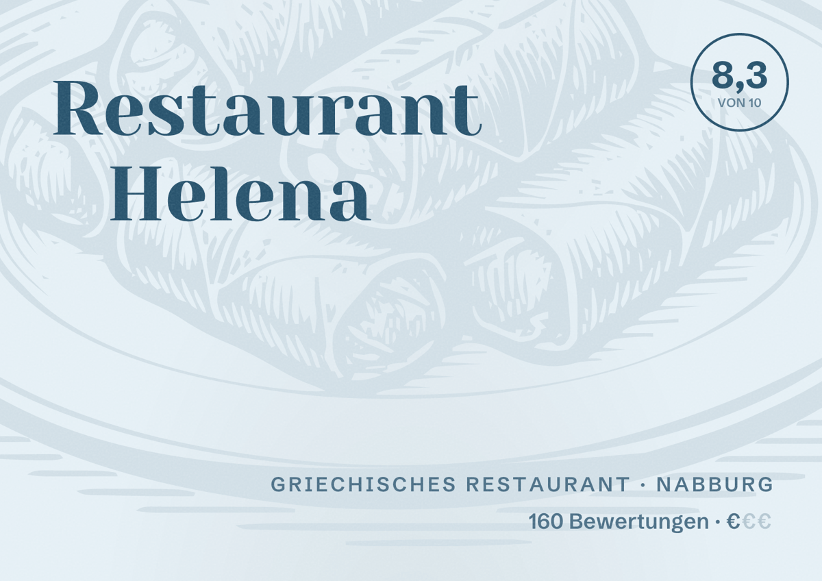 Illustriertes Poster von Restaurant Helena, Griechisches Restaurant in Nabburg: Bewertung 8,3 von 10 aus 160 Bewertungen, Preisniveau €