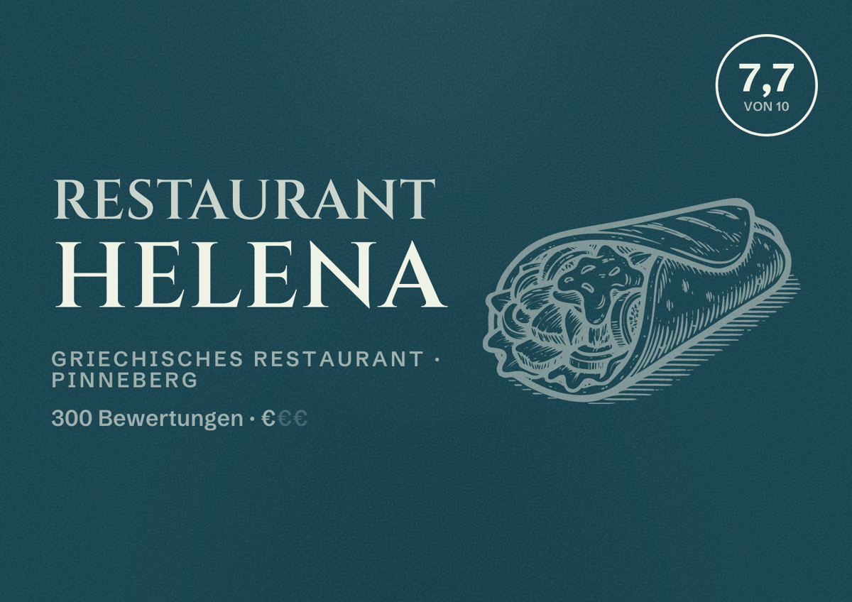 Illustriertes Poster von Restaurant Helena, Griechisches Restaurant in Pinneberg: Bewertung 7,7 von 10 aus 300 Bewertungen, Preisniveau €