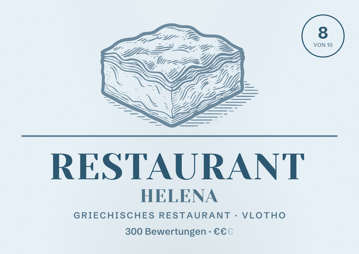 Illustriertes Poster von Restaurant Helena, Griechisches Restaurant in Vlotho: Bewertung 8 von 10 aus 300 Bewertungen, Preisniveau €€