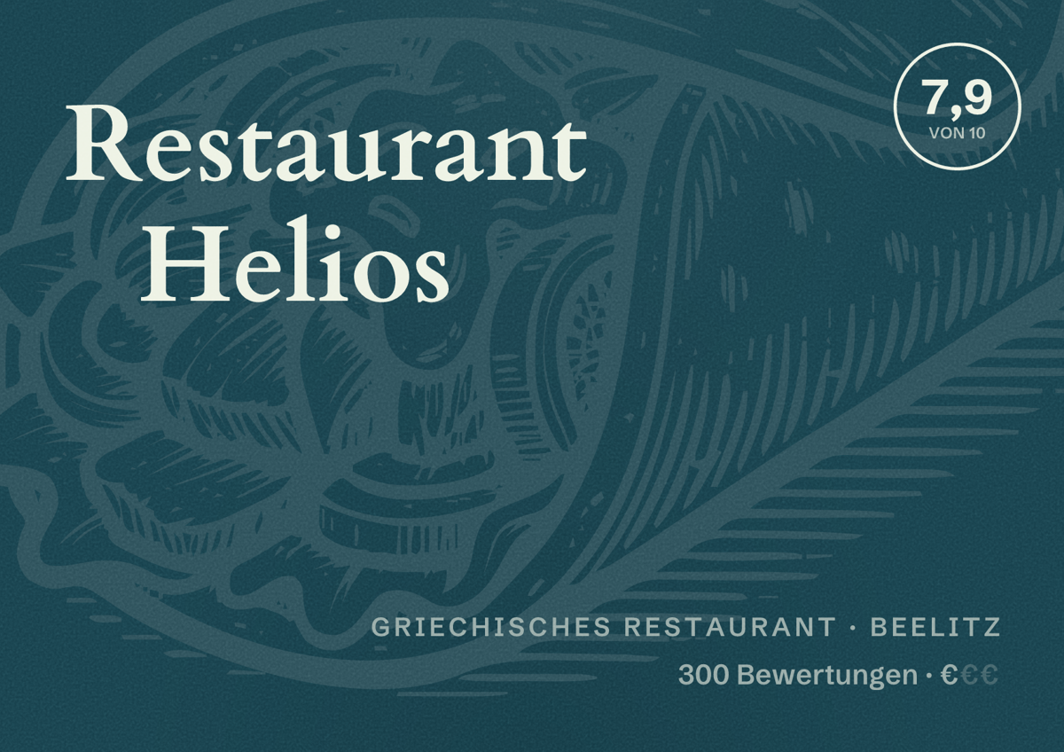 Illustriertes Poster von Restaurant Helios, Griechisches Restaurant in Beelitz: Bewertung 7,9 von 10 aus 300 Bewertungen, Preisniveau €