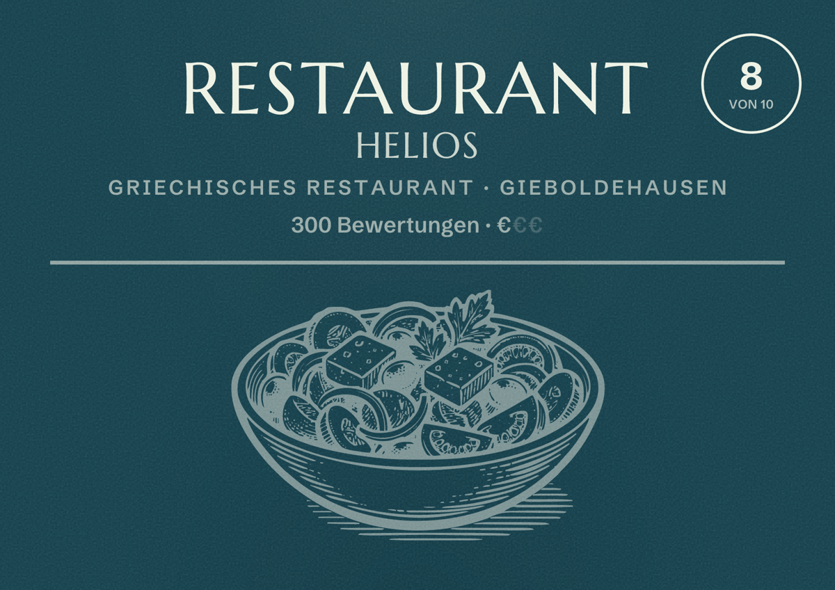 Illustriertes Poster von Restaurant HELIOS, Griechisches Restaurant in Gieboldehausen: Bewertung 8 von 10 aus 300 Bewertungen, Preisniveau €