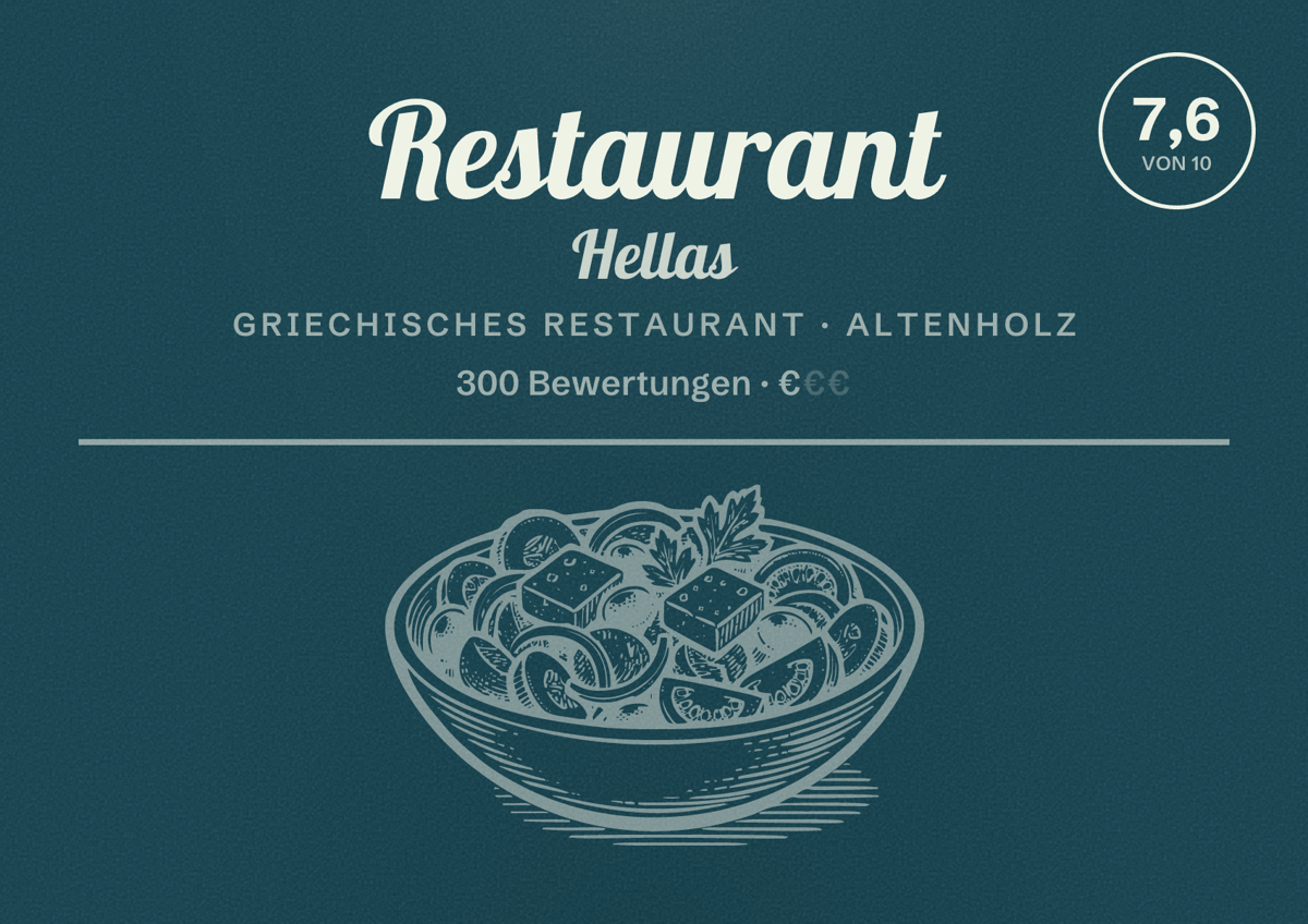Illustriertes Poster von Restaurant Hellas, Griechisches Restaurant in Altenholz: Bewertung 7,6 von 10 aus 300 Bewertungen, Preisniveau €