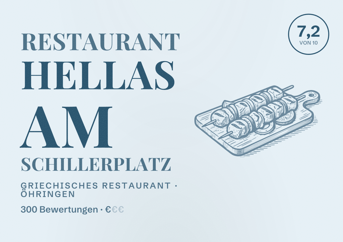 Illustriertes Poster von Restaurant Hellas am Schillerplatz, Griechisches Restaurant in Öhringen: Bewertung 7,2 von 10 aus 300 Bewertungen, Preisniveau €