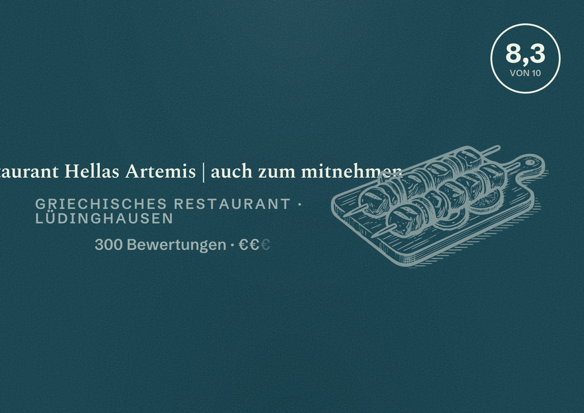 Illustriertes Poster von Restaurant Hellas Artemis | auch zum mitnehmen, Griechisches Restaurant in Lüdinghausen: Bewertung 8,3 von 10 aus 300 Bewertungen, Preisniveau €€