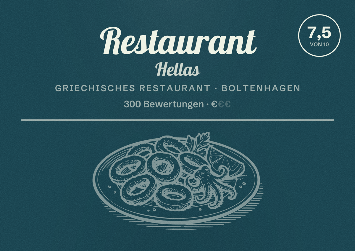 Illustriertes Poster von Restaurant Hellas, Griechisches Restaurant in Boltenhagen: Bewertung 7,5 von 10 aus 300 Bewertungen, Preisniveau €