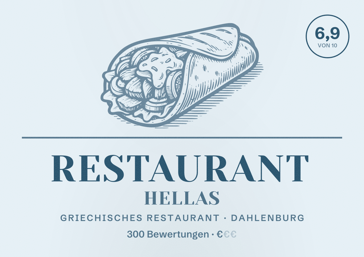 Illustriertes Poster von Restaurant Hellas, Griechisches Restaurant in Dahlenburg: Bewertung 6,9 von 10 aus 300 Bewertungen, Preisniveau €