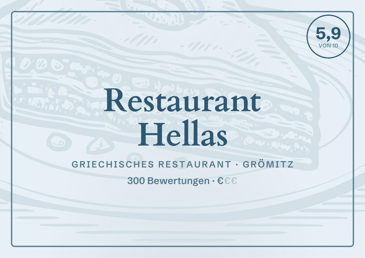Illustriertes Poster von Restaurant Hellas, Griechisches Restaurant in Grömitz: Bewertung 5,9 von 10 aus 300 Bewertungen, Preisniveau €
