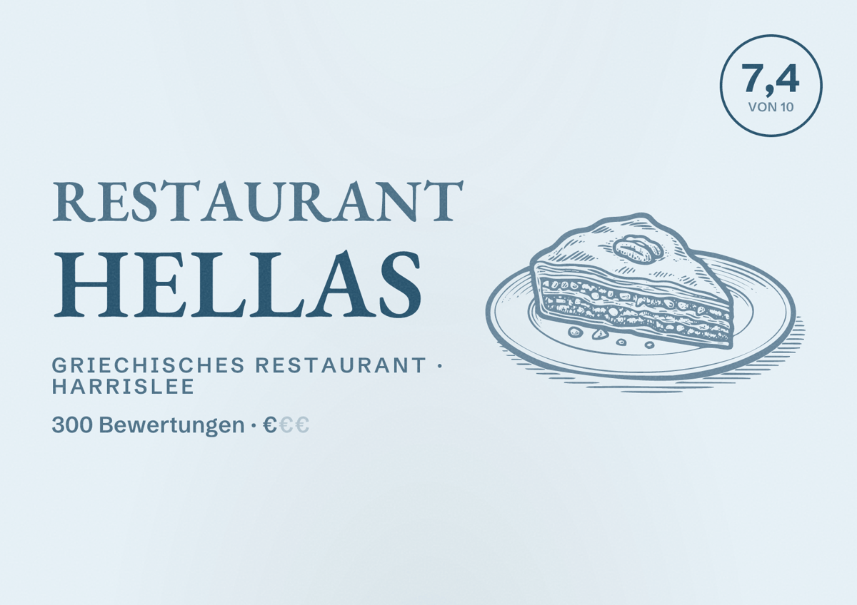 Illustriertes Poster von Restaurant Hellas, Griechisches Restaurant in Harrislee: Bewertung 7,4 von 10 aus 300 Bewertungen, Preisniveau €
