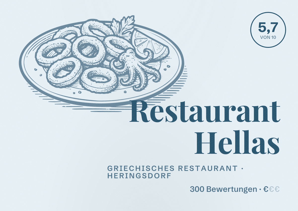Illustriertes Poster von Restaurant Hellas, Griechisches Restaurant in Heringsdorf: Bewertung 5,7 von 10 aus 300 Bewertungen, Preisniveau €