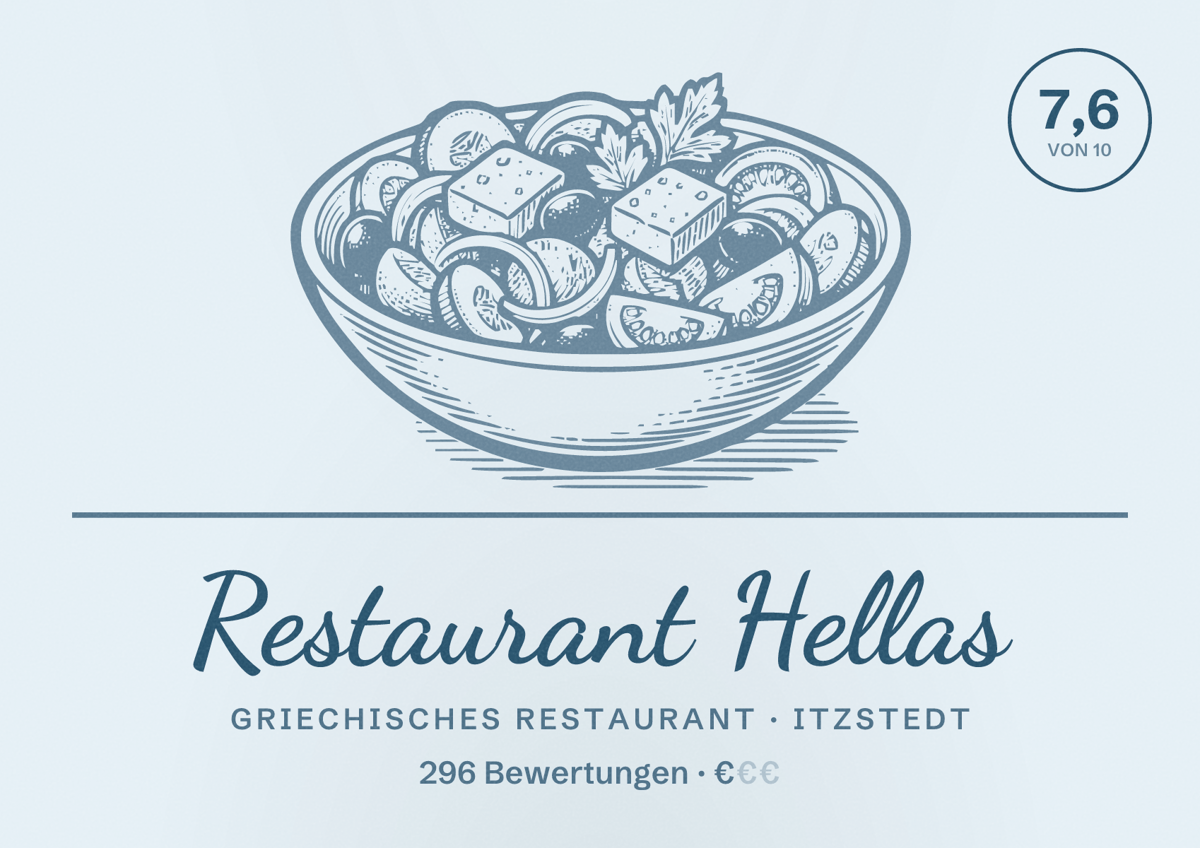 Illustriertes Poster von Restaurant Hellas, Griechisches Restaurant in Itzstedt: Bewertung 7,6 von 10 aus 296 Bewertungen, Preisniveau €
