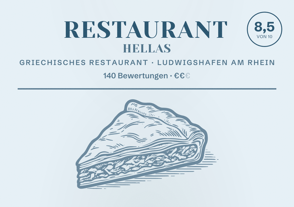 Illustriertes Poster von Restaurant Hellas, Griechisches Restaurant in Ludwigshafen am Rhein: Bewertung 8,5 von 10 aus 140 Bewertungen, Preisniveau €€