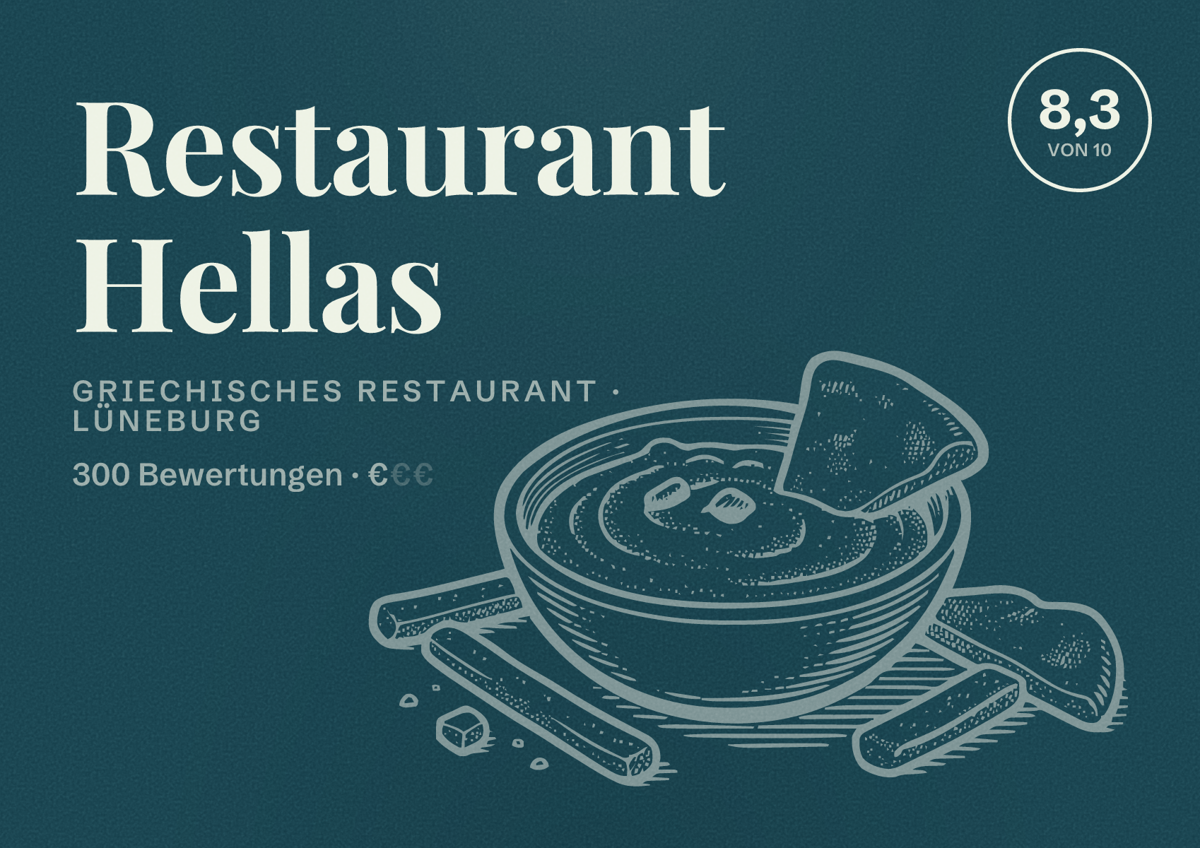 Illustriertes Poster von Restaurant Hellas, Griechisches Restaurant in Lüneburg: Bewertung 8,3 von 10 aus 300 Bewertungen, Preisniveau €