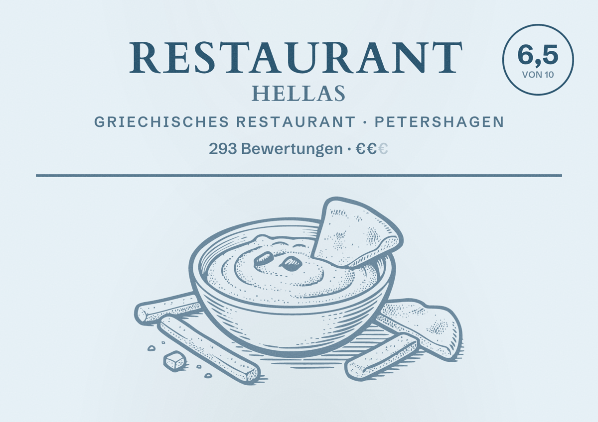 Illustriertes Poster von Restaurant Hellas, Griechisches Restaurant in Petershagen: Bewertung 6,5 von 10 aus 293 Bewertungen, Preisniveau €€