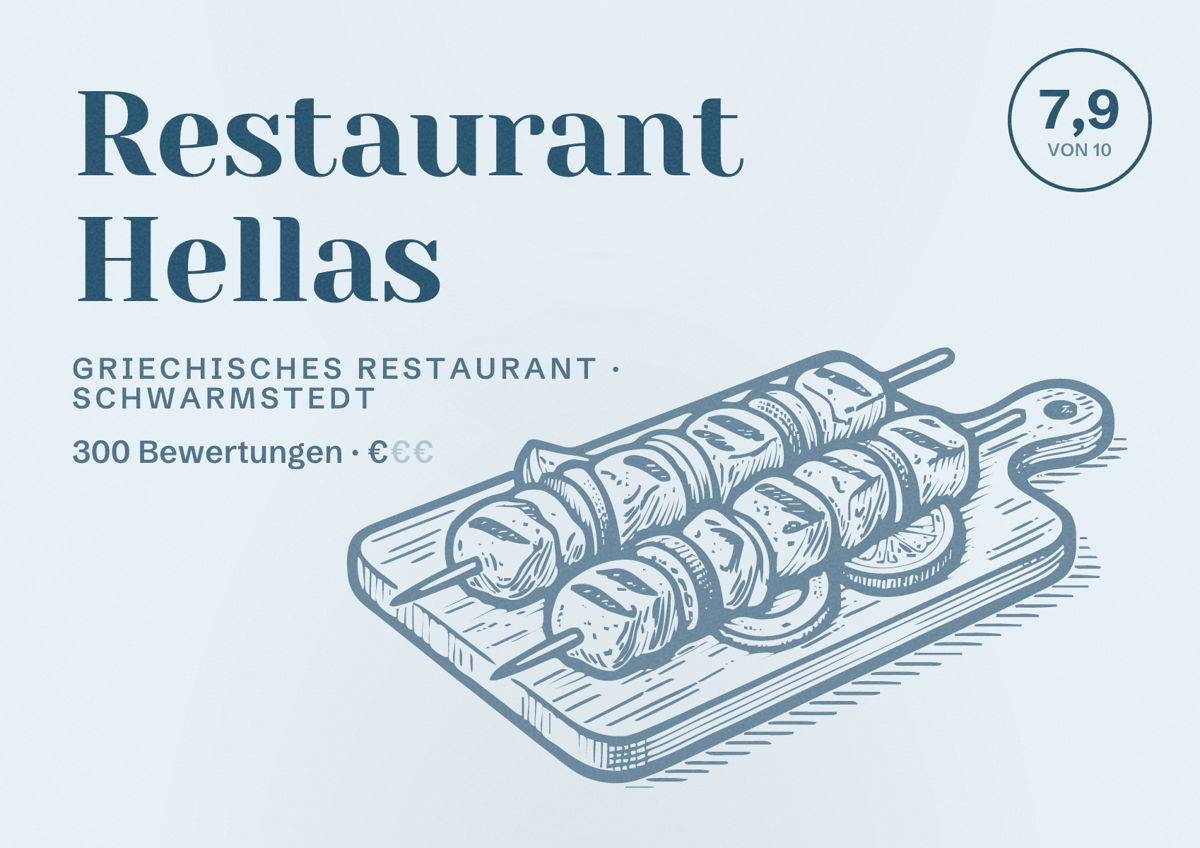 Illustriertes Poster von Restaurant Hellas, Griechisches Restaurant in Schwarmstedt: Bewertung 7,9 von 10 aus 300 Bewertungen, Preisniveau €