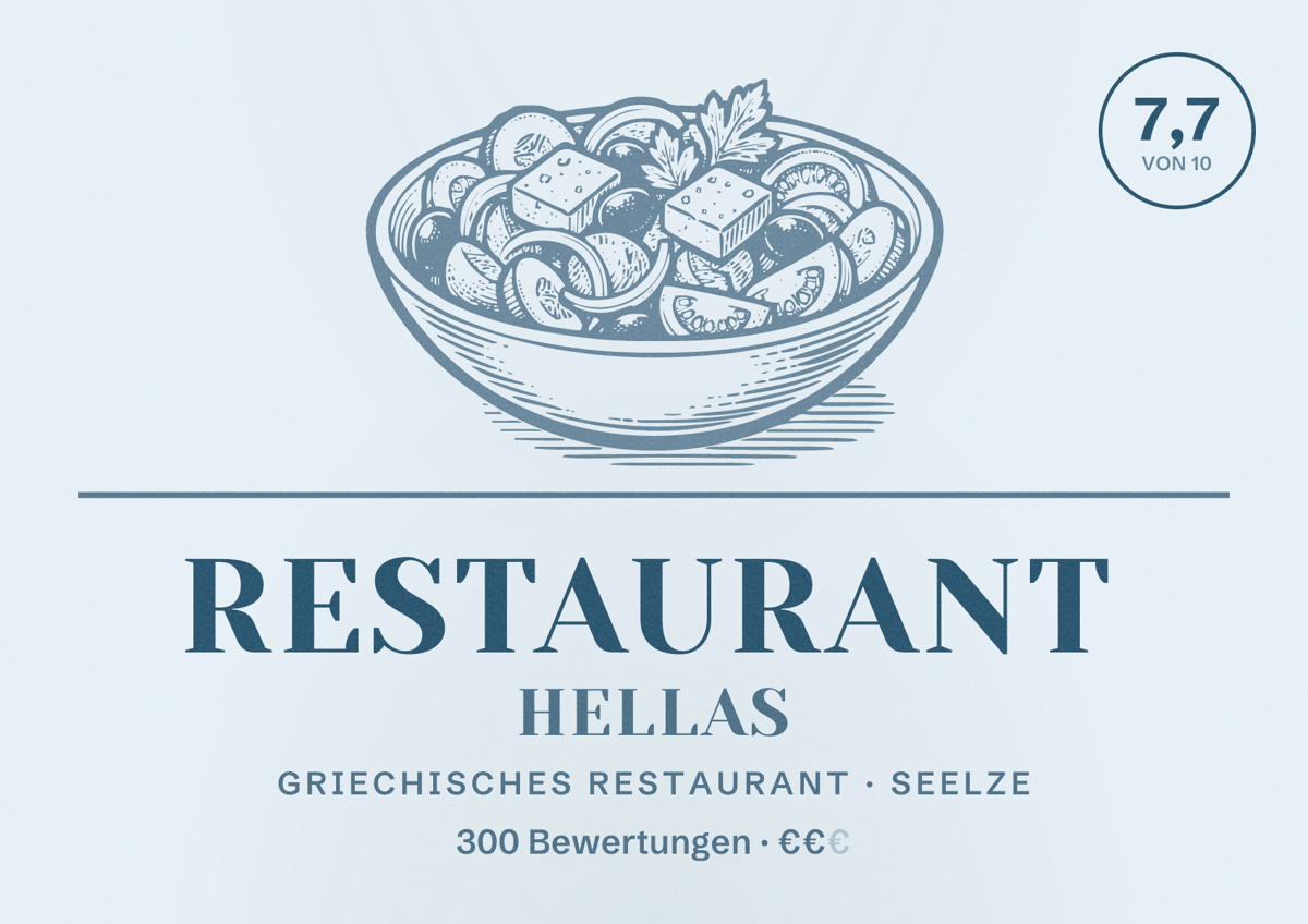 Illustriertes Poster von Restaurant Hellas, Griechisches Restaurant in Seelze: Bewertung 7,7 von 10 aus 300 Bewertungen, Preisniveau €€