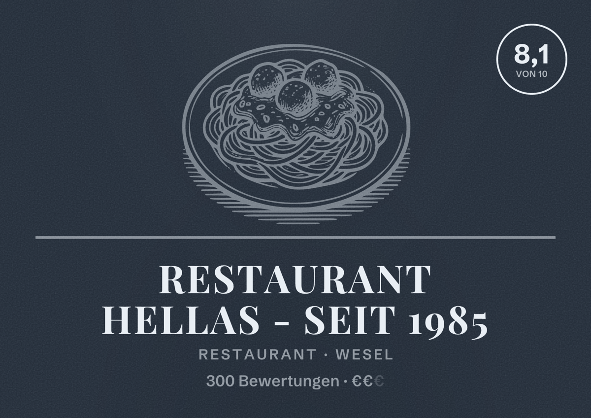 Illustriertes Poster von Restaurant Hellas - seit 1985, Restaurant in Wesel: Bewertung 8,1 von 10 aus 300 Bewertungen, Preisniveau €€