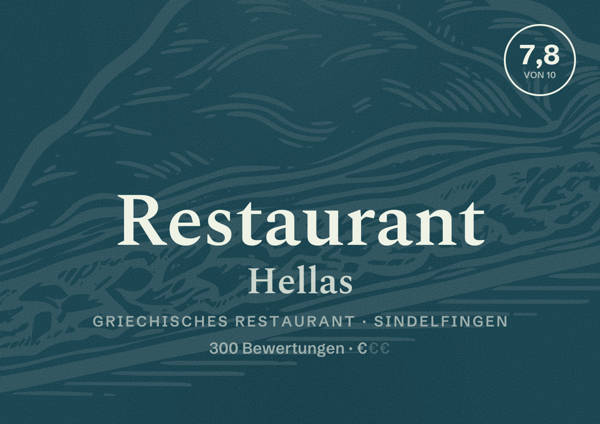 Illustriertes Poster von Restaurant Hellas, Griechisches Restaurant in Sindelfingen: Bewertung 7,8 von 10 aus 300 Bewertungen, Preisniveau €