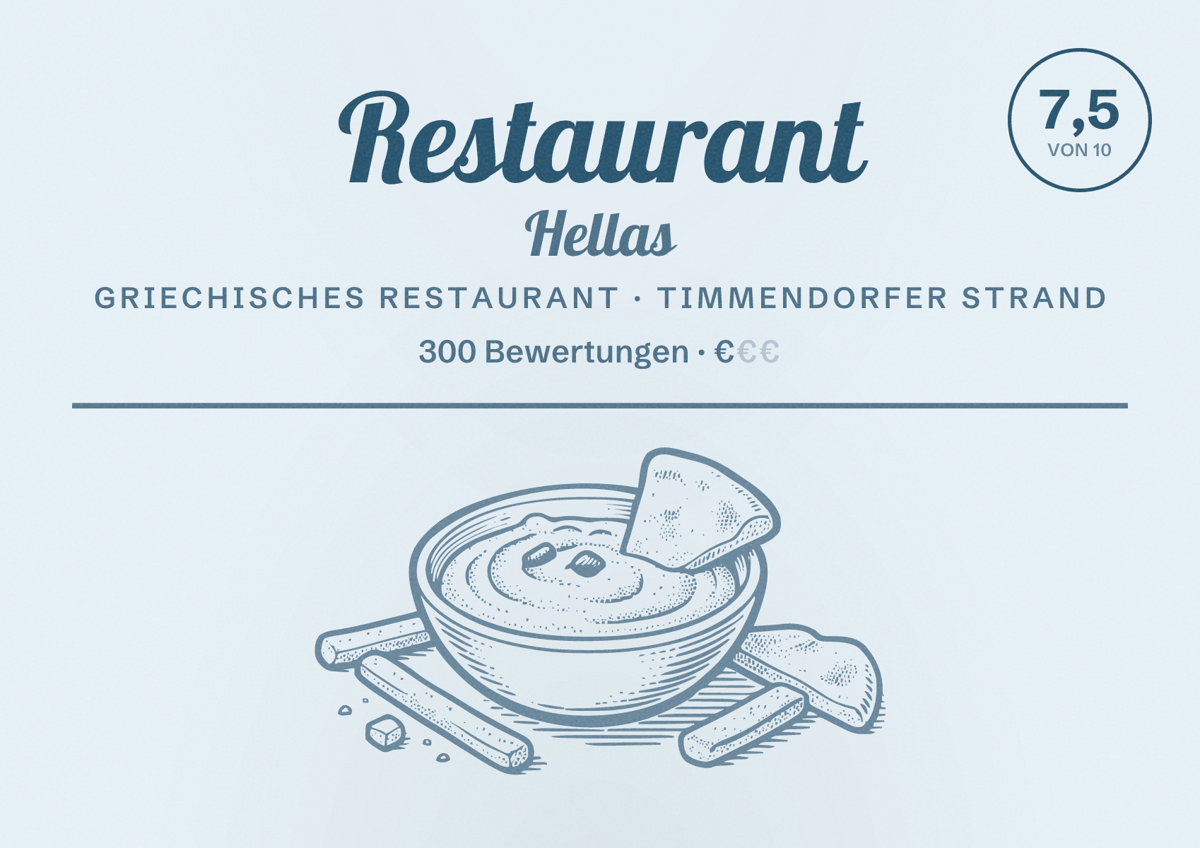 Illustriertes Poster von Restaurant Hellas, Griechisches Restaurant in Timmendorfer Strand: Bewertung 7,5 von 10 aus 300 Bewertungen, Preisniveau €