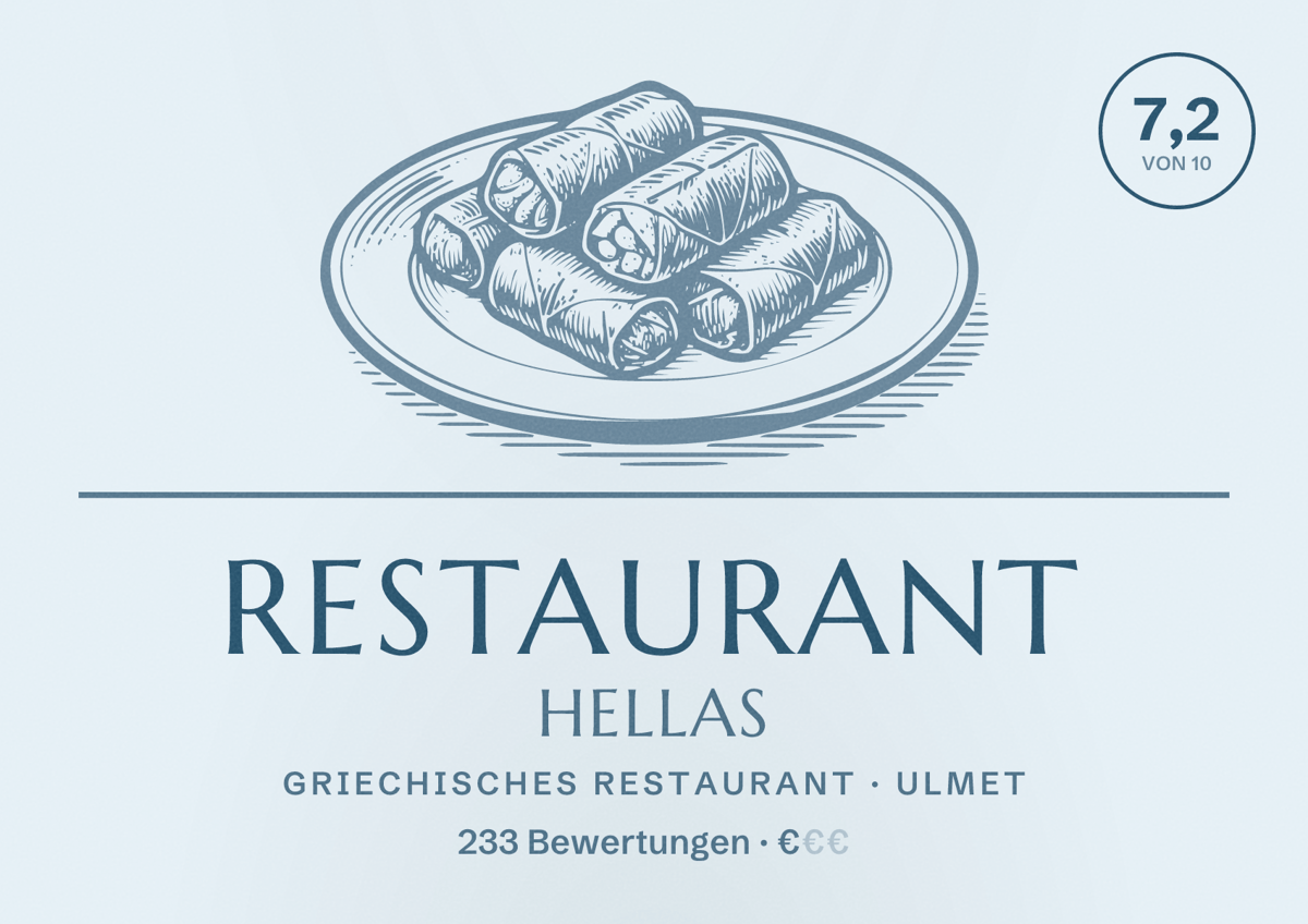 Illustriertes Poster von Restaurant Hellas, Griechisches Restaurant in Ulmet: Bewertung 7,2 von 10 aus 233 Bewertungen, Preisniveau €