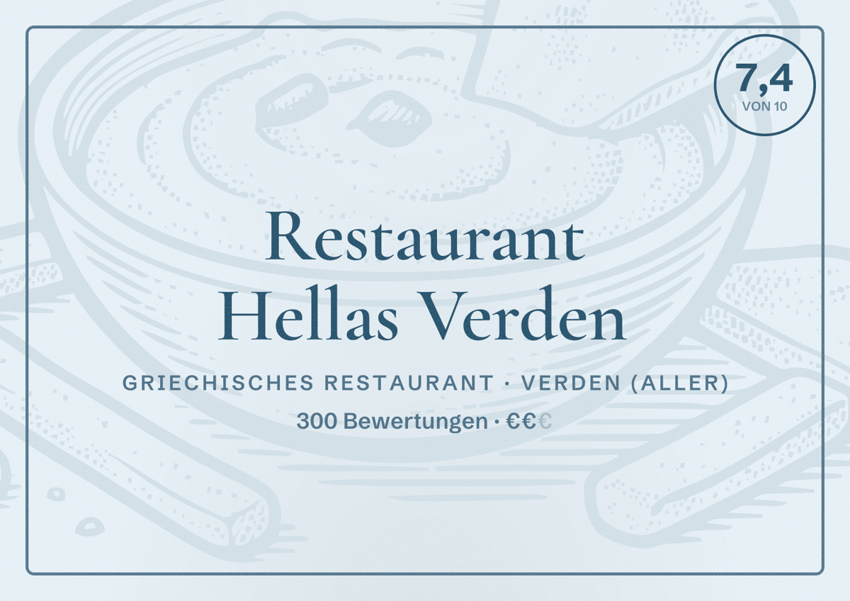Illustriertes Poster von Restaurant Hellas Verden, Griechisches Restaurant in Verden (Aller): Bewertung 7,4 von 10 aus 300 Bewertungen, Preisniveau €€