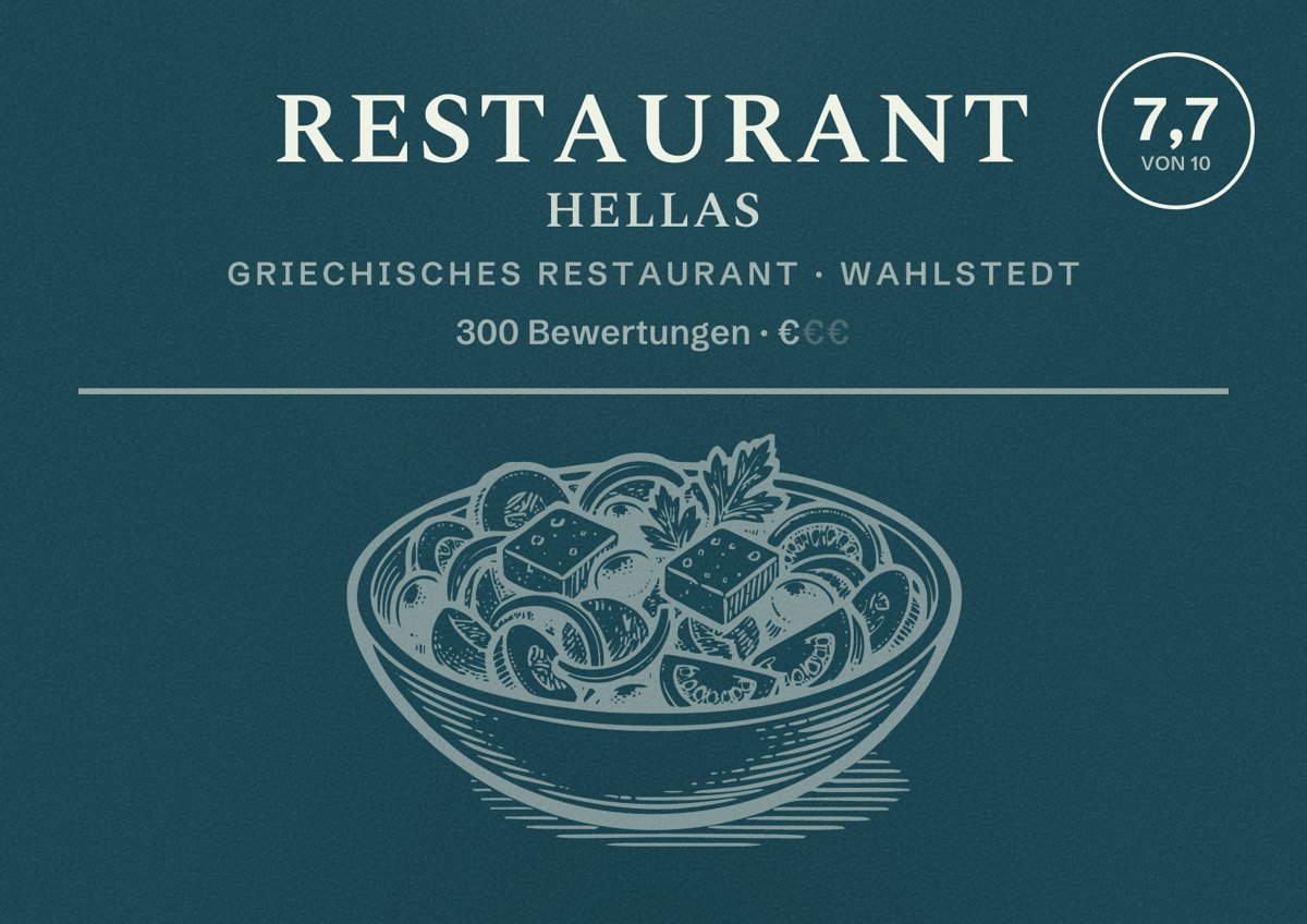 Illustriertes Poster von Restaurant Hellas, Griechisches Restaurant in Wahlstedt: Bewertung 7,7 von 10 aus 300 Bewertungen, Preisniveau €