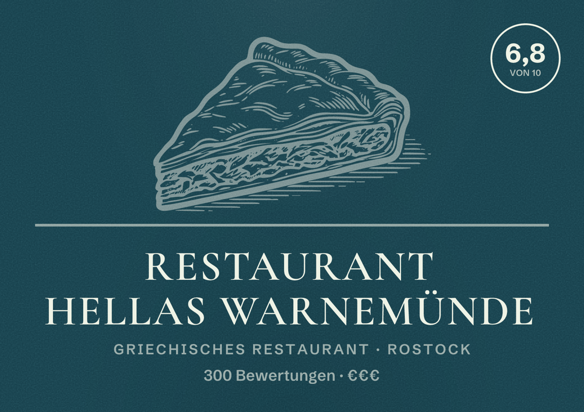Illustriertes Poster von Restaurant Hellas Warnemünde, Griechisches Restaurant in Rostock: Bewertung 6,8 von 10 aus 300 Bewertungen, Preisniveau €€€