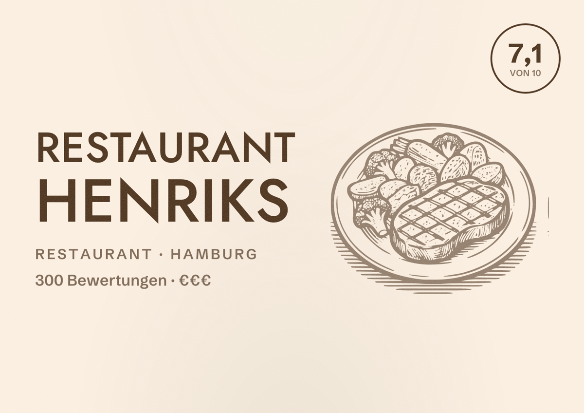 Illustriertes Poster von Restaurant HENRIKS, Restaurant in Hamburg: Bewertung 7,1 von 10 aus 300 Bewertungen, Preisniveau €€€