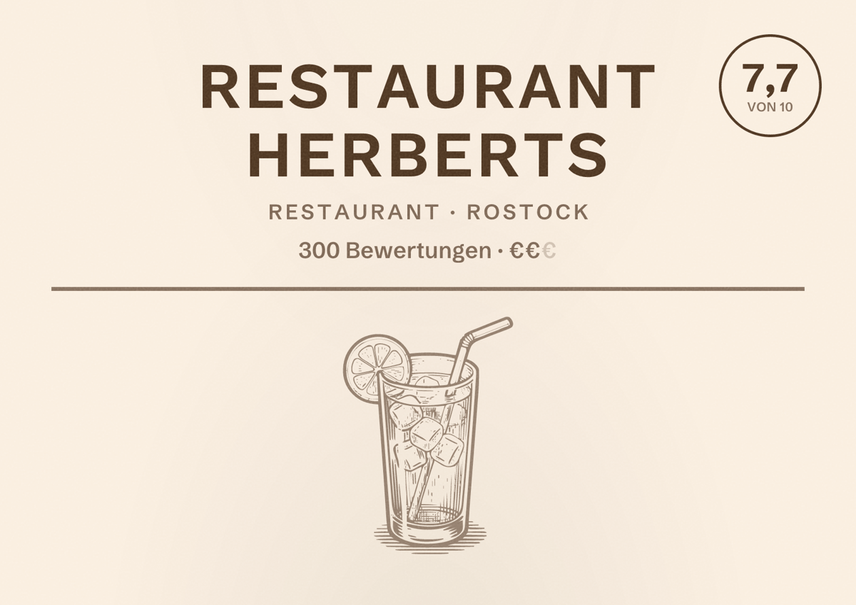 Illustriertes Poster von Restaurant Herberts, Restaurant in Rostock: Bewertung 7,7 von 10 aus 300 Bewertungen, Preisniveau €€