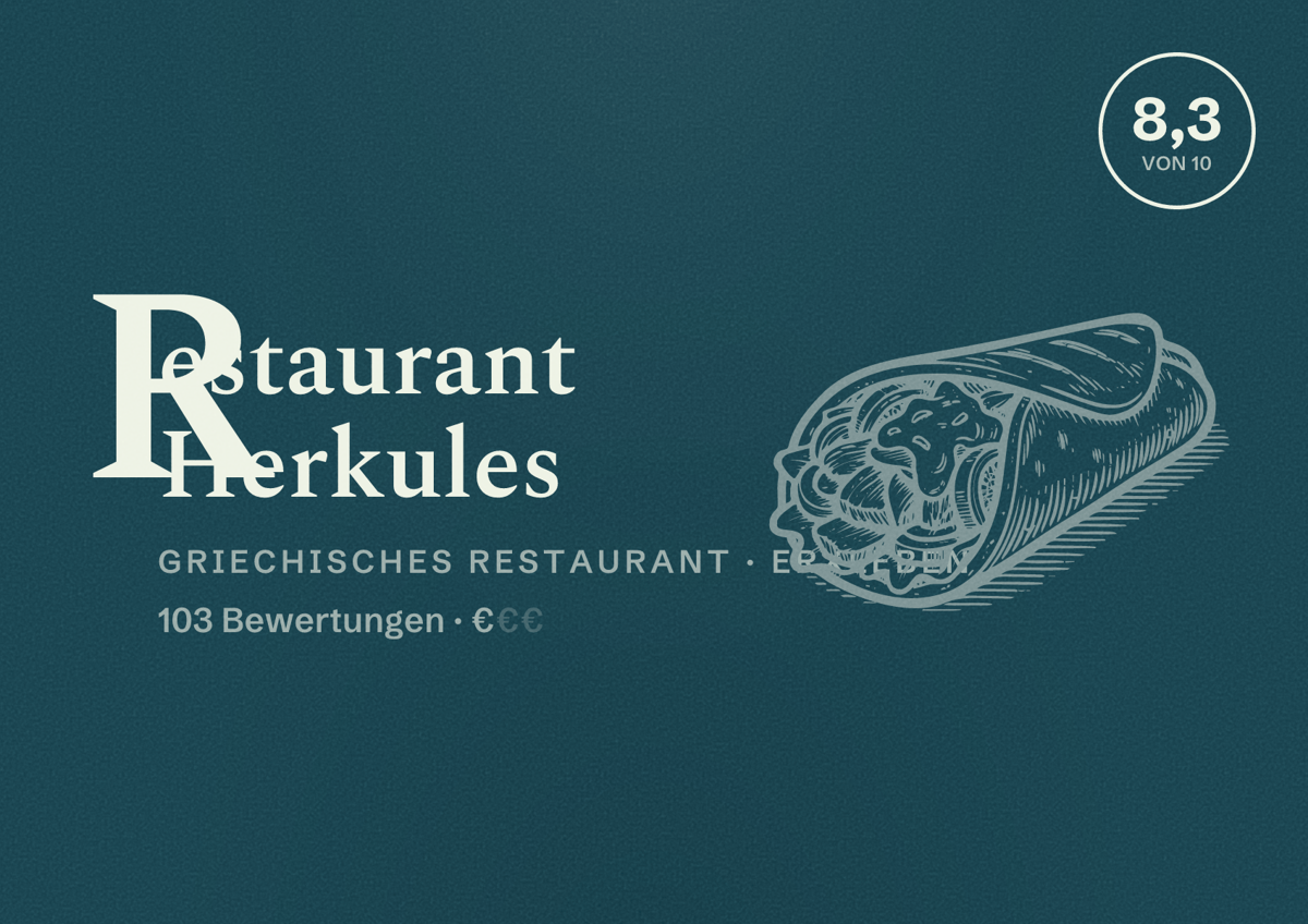 Illustriertes Poster von Restaurant Herkules, Griechisches Restaurant in Erxleben: Bewertung 8,3 von 10 aus 103 Bewertungen, Preisniveau €