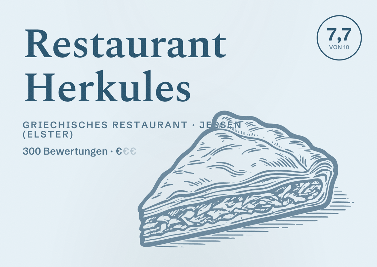 Illustriertes Poster von Restaurant Herkules, Griechisches Restaurant in Jessen (Elster): Bewertung 7,7 von 10 aus 300 Bewertungen, Preisniveau €