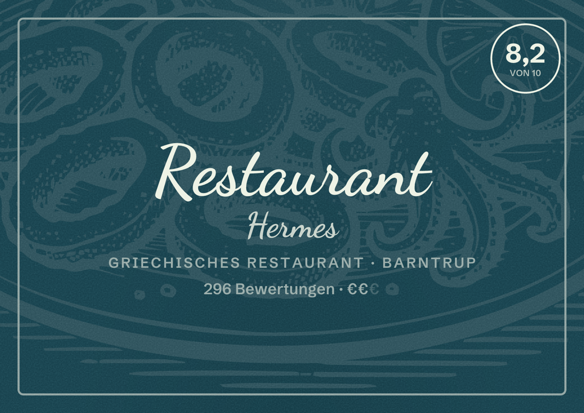 Illustriertes Poster von Restaurant Hermes, Griechisches Restaurant in Barntrup: Bewertung 8,2 von 10 aus 296 Bewertungen, Preisniveau €€