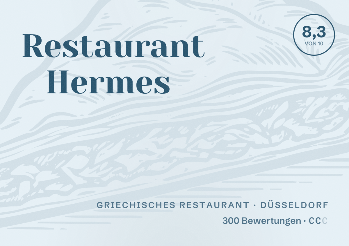 Illustriertes Poster von Restaurant Hermes, Griechisches Restaurant in Düsseldorf: Bewertung 8,3 von 10 aus 300 Bewertungen, Preisniveau €€