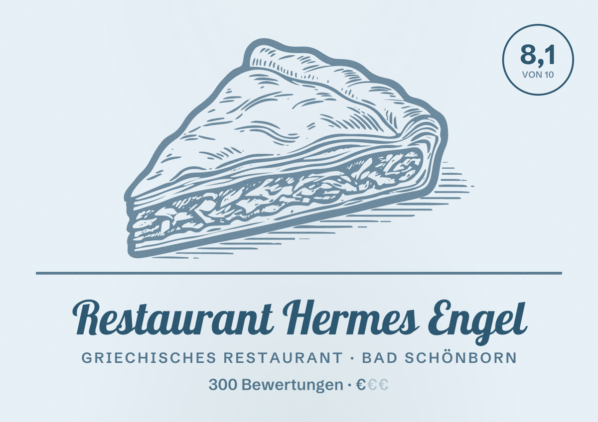 Illustriertes Poster von Restaurant Hermes Engel, Griechisches Restaurant in Bad Schönborn: Bewertung 8,1 von 10 aus 300 Bewertungen, Preisniveau €