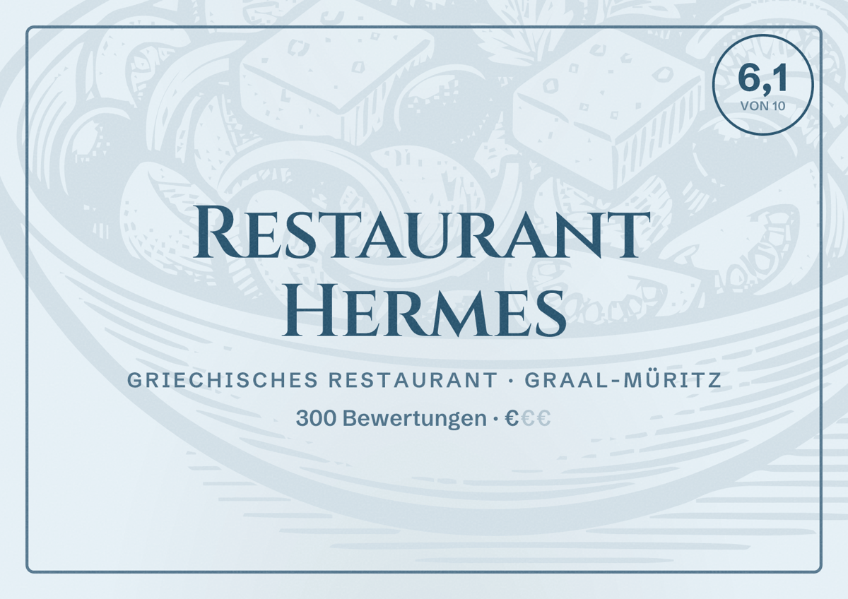 Illustriertes Poster von Restaurant Hermes, Griechisches Restaurant in Graal-Müritz: Bewertung 6,1 von 10 aus 300 Bewertungen, Preisniveau €