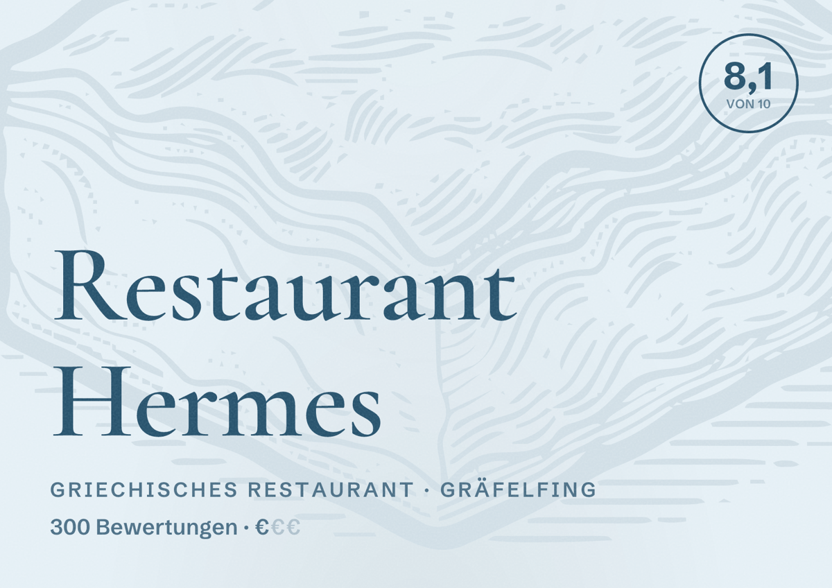 Illustriertes Poster von Restaurant Hermes, Griechisches Restaurant in Gräfelfing: Bewertung 8,1 von 10 aus 300 Bewertungen, Preisniveau €