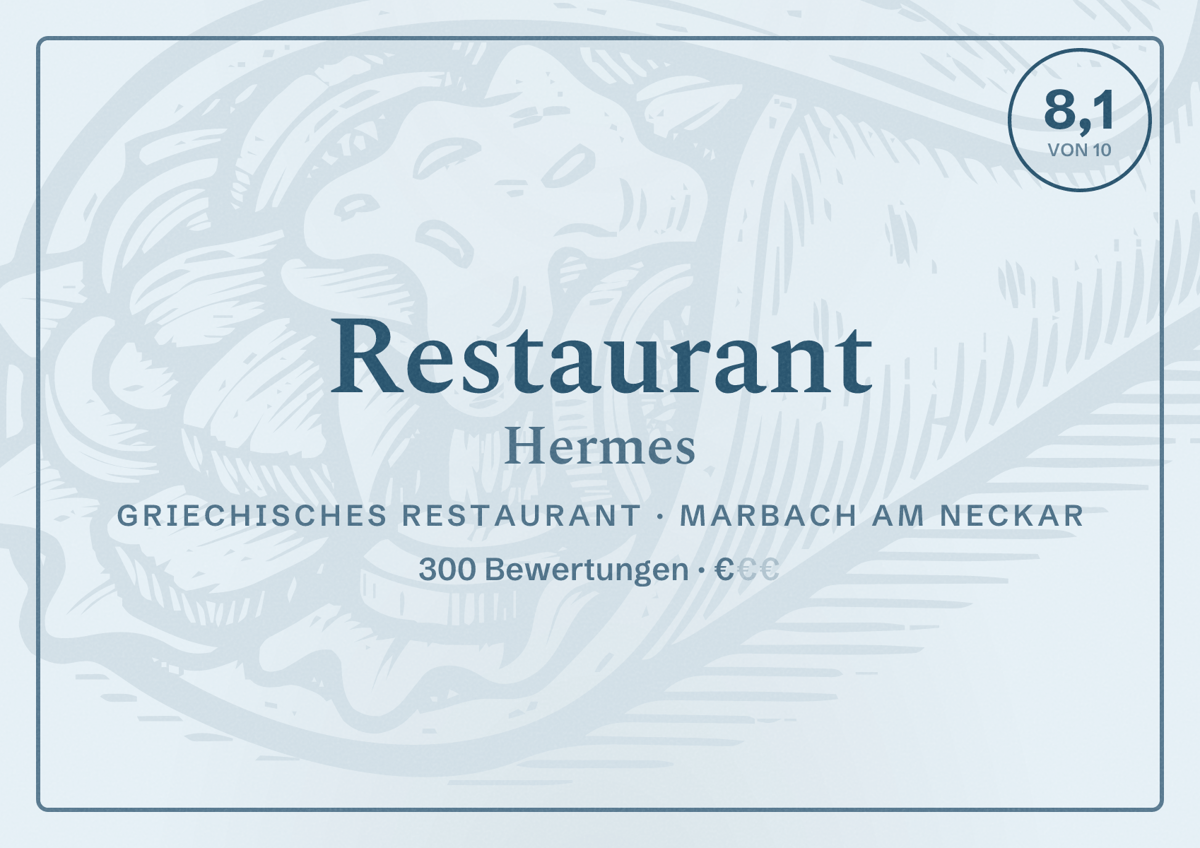 Illustriertes Poster von Restaurant Hermes, Griechisches Restaurant in Marbach am Neckar: Bewertung 8,1 von 10 aus 300 Bewertungen, Preisniveau €