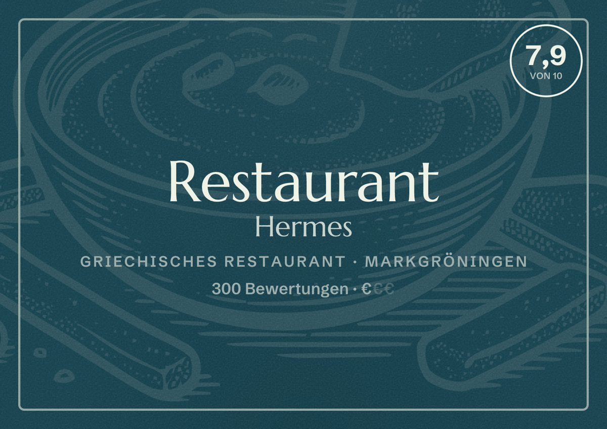 Illustriertes Poster von Restaurant Hermes, Griechisches Restaurant in Markgröningen: Bewertung 7,9 von 10 aus 300 Bewertungen, Preisniveau €